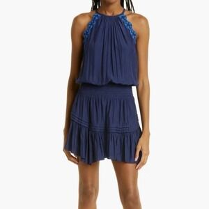 New - Ramy Brook Rowan Blue Halterneck Embroidered Mini Dress - Size XS